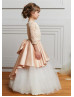 Three Quarter Sleeves Peach Lace Satin Peplum Long Flower Girl Dress